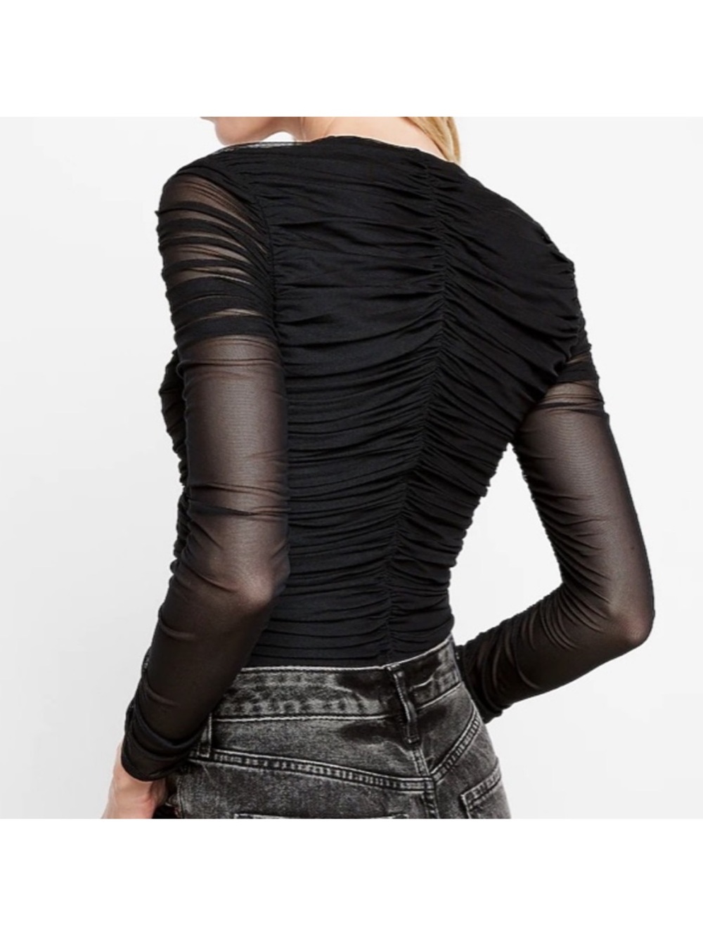 NEW Express Body Contour Ruched Mesh Blouse Top Small Black Sweetheart Padded - Picture 2 of 5